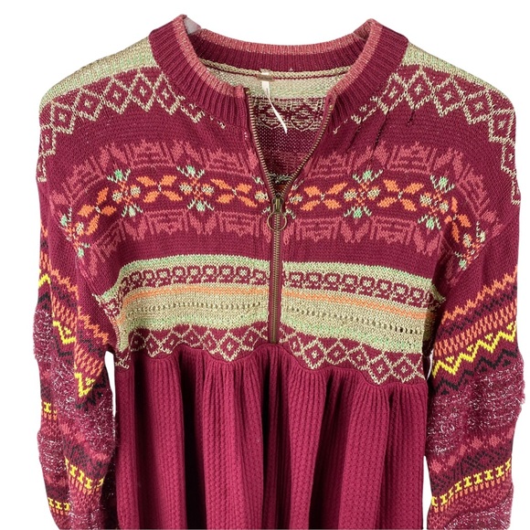 Free People Cozy Cabin Winter Fair Isle Peplum Sweater in Pomegranate Wine XS - Picture 11 of 11